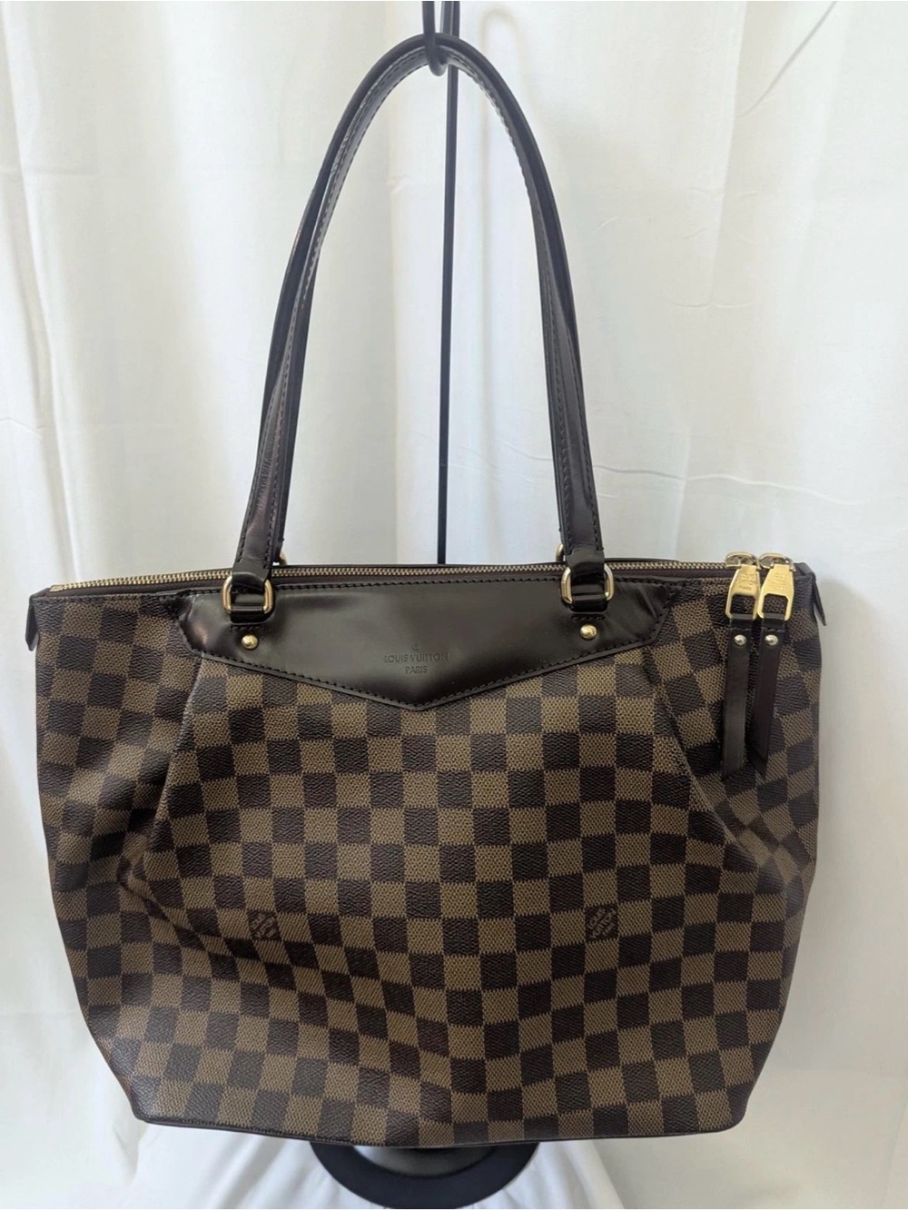 Louis Vuitton Brown Damier Ebene Shoulder Bag with Dark Leather Trim